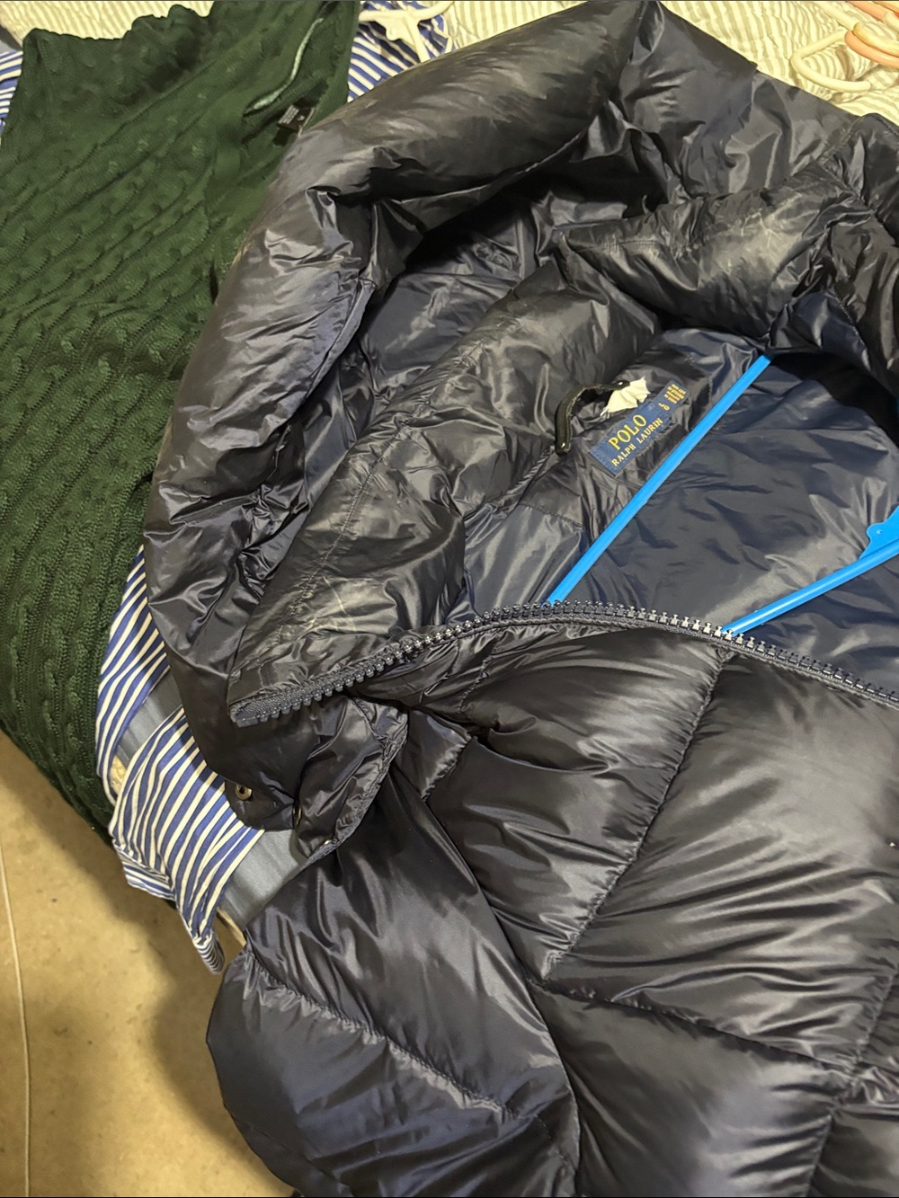 Polo by Ralph Lauren Navy Shiny Quilted Puffer Jacket with Bright Blue Trim